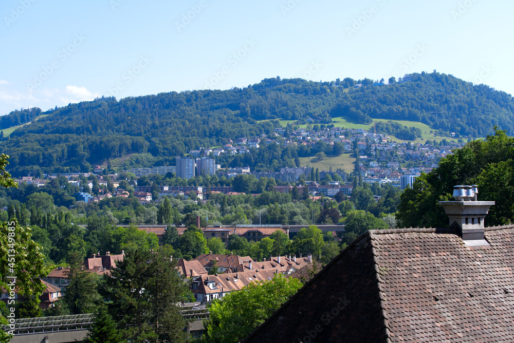 Panorama view to local mountain Gurten at City of Bern on a sunny summer day. Photo taken July 29th, 2021, Bern, Switzerland.