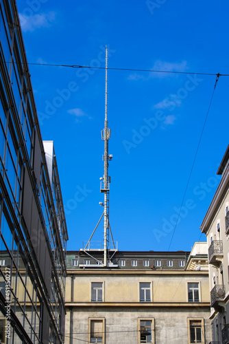 Cell phone antenna at City of Geneva on a sunny summer morning. Photo taken July 29th, 2021, Geneva, Switzerland.