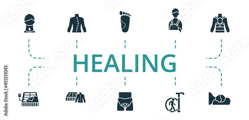 Healing icon set. Contains editable icons theme such as hernia belts, flat foot, shoulder immobilizer and more.