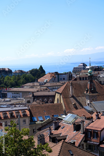 Aerial view over the old town of Lausanne seen form Charles Bessieres bridge. Photo taken July 29th, 2021, Lausanne, Switzerland.