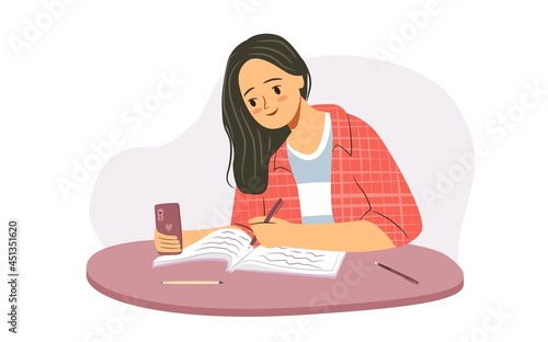 Student girl with notebook studying. Young woman is making selfie while studying at home. Hand drawn flat illustration.