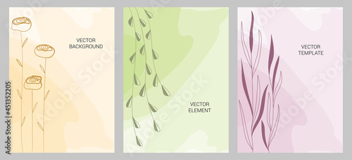 Set of creative minimalist hand painted illustrations with decorative branches, leaves and abstract color spots. For postcard, poster, poster, brochure, cover design.