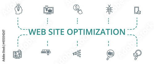 Web Site Optimization icon set. Contains editable icons theme such as bug fixing, marketing idea, device optimization and more.