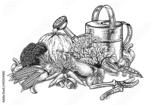 Gardening Tools Vegetables Produce Vintage Woodcut