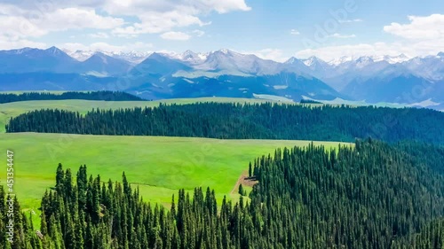 Aerial View of mountain and green forest with prairie in Kalajun grassland,Xinjiang,China. photo