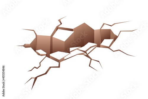 Ground crack with hole and fissure lines after earthquake. Broken earth surface with slits. 3d fractures and hollow in dry damaged land. Flat vector illustration isolated on white background