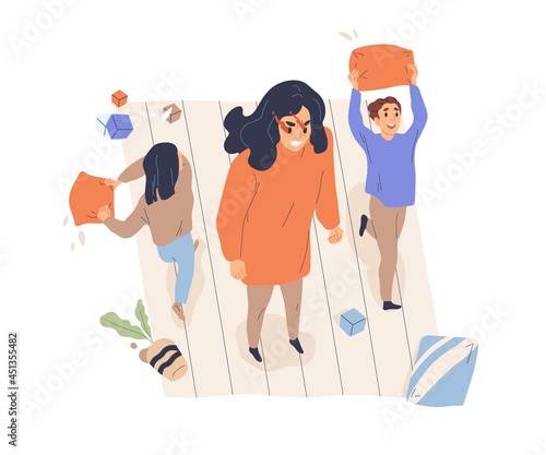 Angry mother irritated with playing children. Annoyed evil mom and naughty kids. Hard parenthood and motherhood concept. Mum with mental problem. Flat vector illustration isolated on white background