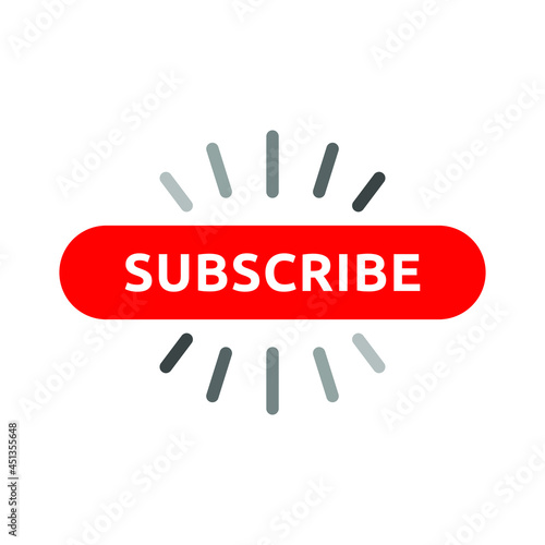 Subscribe, bell button and hand cursor. Red button subscribe to channel, blog. Social media background. Marketing. Simple style and isolated on a blank background. Color editable.