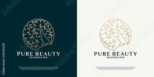 women face with leaf logo design template for your business saloon, spa, cosmetic