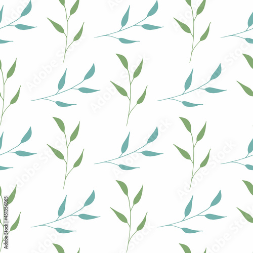 Seamless pattern with discreet blue and green branches on white background. Vector image.