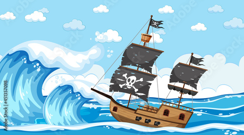 Ocean with Pirate ship at day time scene in cartoon style