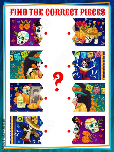 Dia de los muertos find the half kids game, vector riddle connect correct pieces with Mexican Dead day cartoon characters mariachi musicians, sugar skulls and Catrina skeletons. Educational baby test