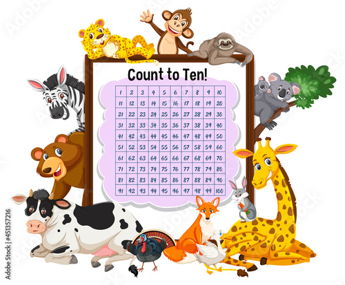 Counting number 1-100 board with wild animals