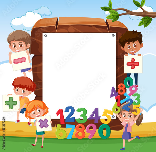 Empty wooden frame with school kids and math objects