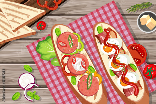 Bruschetta with vegatable ingredients on the wooden table background