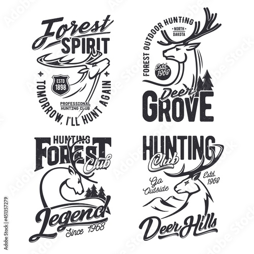 Forest hunting club t-shirt print template with deer. Mule or whitetail deer male head with horns, mountain and spruce thin line vector. Hunting hobby or sport club, hunter apparel print with mascot