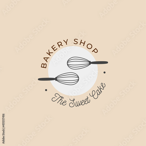 bakery shop cake logo feminine minimalist with egg beater whick icon design inspiration concept idea photo