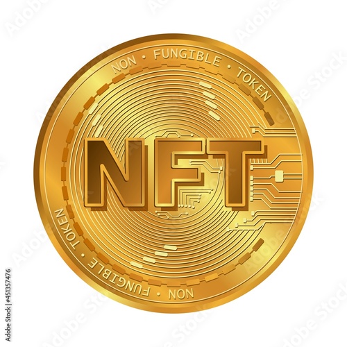 Non-fungible token (NFT) coin.Gold coin and 3d.Digital art crypto currency. 