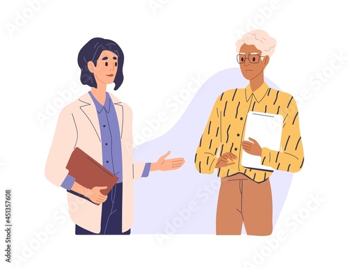 Mistrust and distrust in business concept. Businesswoman hesitating and doubting about partner's offer. Businessperson beware of cheating colleague. Flat vector illustration isolated on white photo