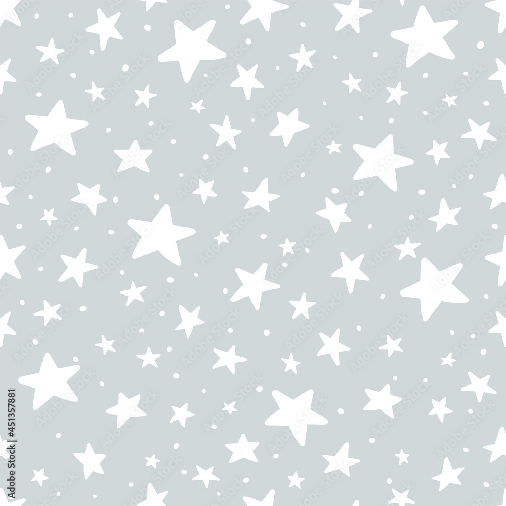 Vector Doodle Star Silver Seamless Pattern. Cute kid sketch hand drawn stars print on gray background. Sky and space texture for print, wrapping paper, design, fabric, decor, gift, backgrounds Vector Doodle Star Silver Seamless Pattern. Cute kid sketch hand drawn stars print on gray background. Sky and space texture for print, wrapping paper, design, fabric, decor, gift, backgrounds