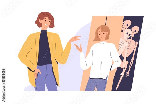 Woman tell lies and deceive man, hide skeletons in closet. Distrust, mistrust, deception in couple relationship concept. Girlfriend with secrets cheating. Flat vector illustration isolated on white photo
