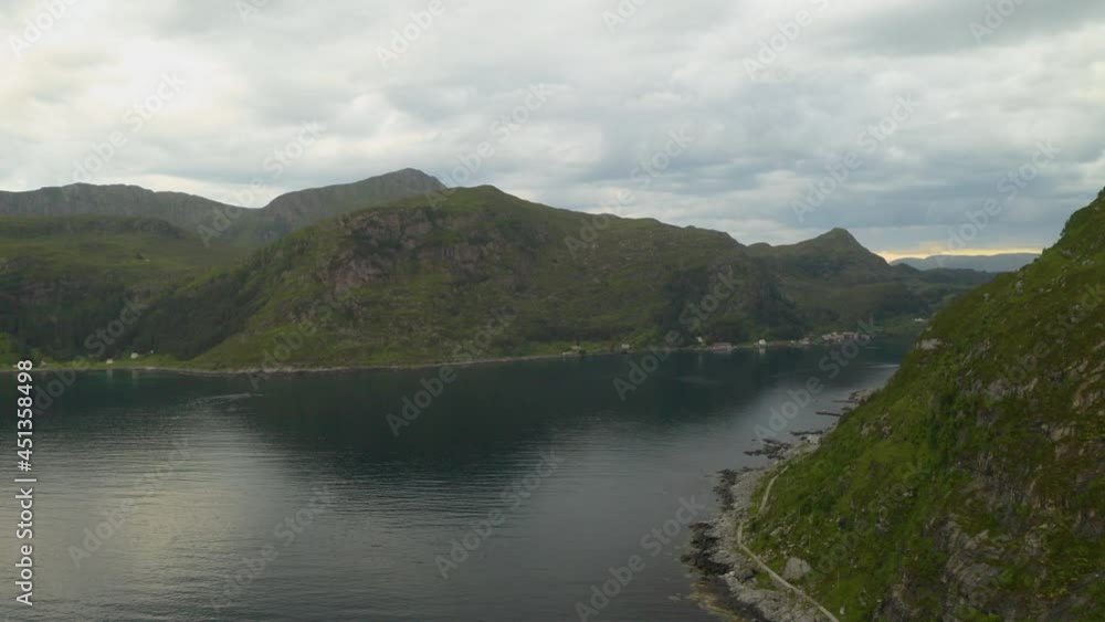 Rugged Landscape At Maaloy Village On The Southeastern Side Of The Island Of Vagsoy In Vestland, Norway. aerial Rugged Landscape At Maaloy Village On The Southeastern Side Of The Island Of Vagsoy In Vestland, Norway. aerial