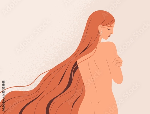 Sensitive nude woman with sad face expression embracing herself. Unhappy upset female with delicate naked slim body feeling ashamed. Concept of innocence and self-acceptance. Flat vector illustration