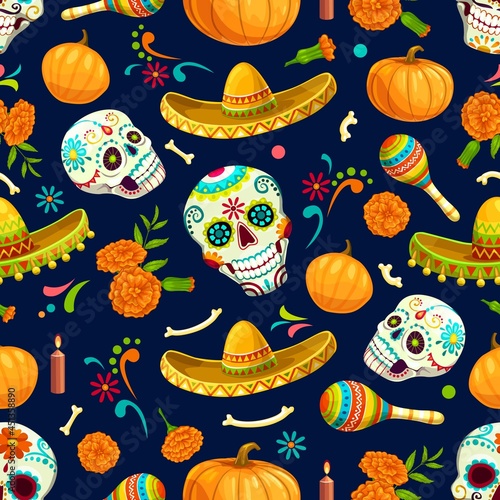 Dia de Los Muertos Mexican seamless pattern. Day of the dead holiday decoration, fabric print or vector background with calavera skulls and bones, sombrero hat, maraca and marigold flowers, pumpkin