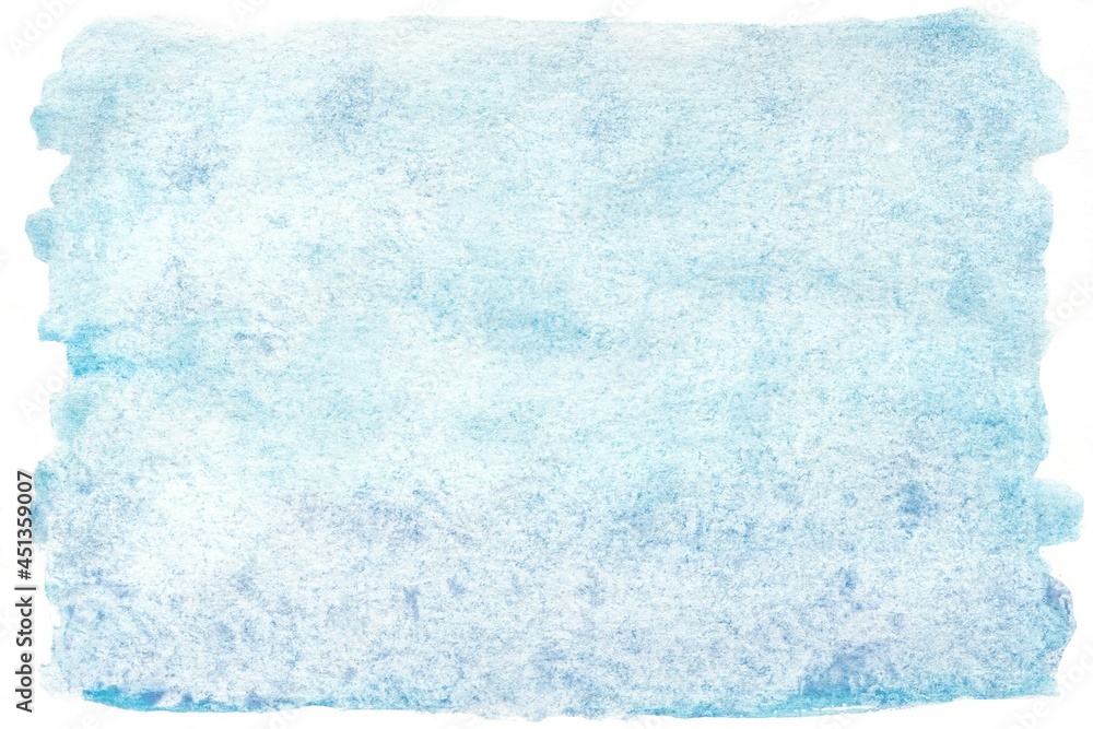 Blue watercolor texture. Light cyan textured stain with a jagged edge. Background with copy space