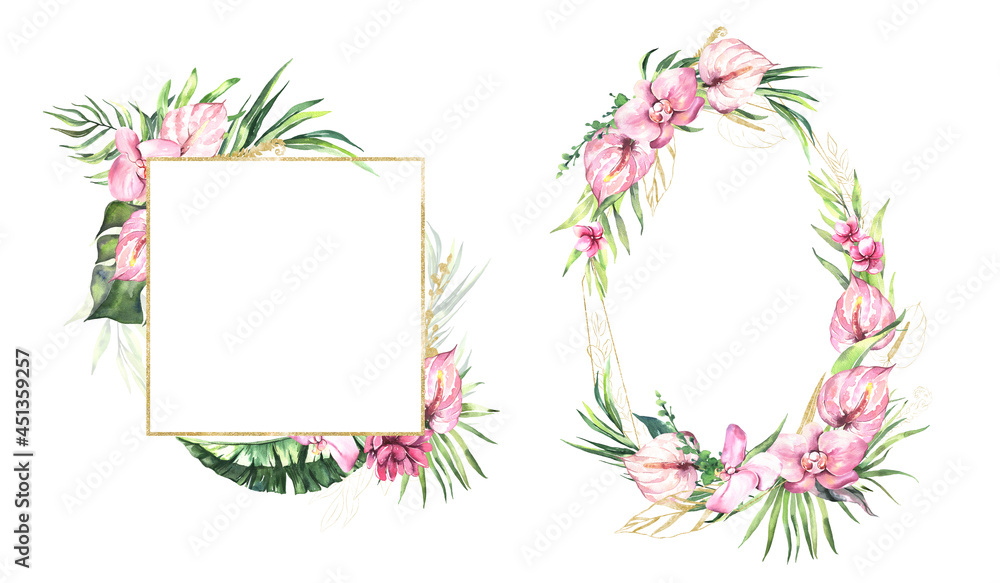 Watercolor summer invitations frames with hand painted tropical dried palm leaves, branches of green leaves. Romantic floral bouquet perfect for wedding greeting cards, invitation and more. High Watercolor summer invitations frames with hand painted tropical dried palm leaves, branches of green leaves. Romantic floral bouquet perfect for wedding greeting cards, invitation and more. High