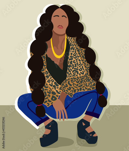 Vector portrait of african girl with long hair sitting squat down. Flat style. Neutral pastel background. Fashionable look. Expressive young woman.