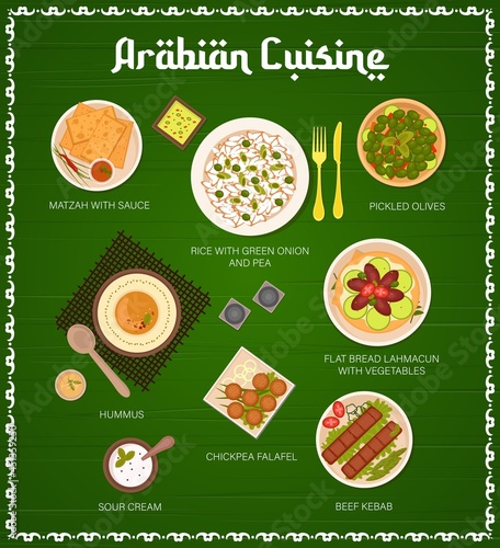Arabian cuisine meals menu cover. Matzah with sauce, kebab, pickled olives and sour cream, hummus, chickpea falafel and flatbread lahmacun, rice with green onion and pea vector. Arabian dishes banner