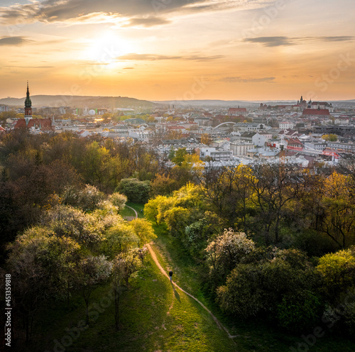 A green park during spring in Podgorze with a view of Krakow  Poland