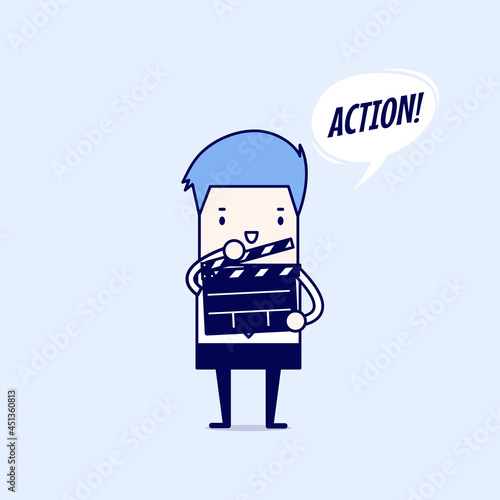 Businessman holding movie slate and say action. Cartoon character thin line style vector.