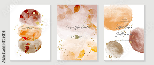 Autumn wedding invitation card vector.  Luxury background design  with golden texture, Flower and botanical leaves watercolor hand drawing. Abstract art cover design for wedding and VIP invite card.