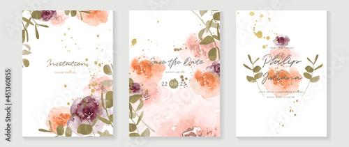 Autumn wedding invitation card vector.  Luxury background design  with golden texture, Flower and botanical leaves watercolor hand drawing. Abstract art cover design for wedding and VIP invite card.