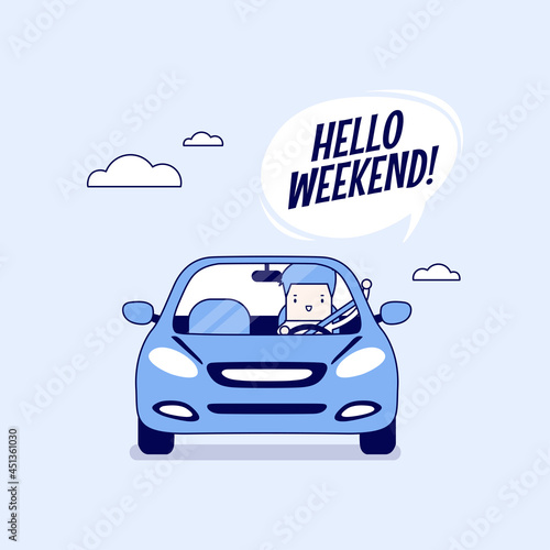 Businessman traveling by car and say Hello weekend. Cartoon character thin line style vector.