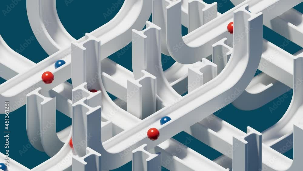 3d render of balls rolling inside the pathway. An abstract mix of different white ways. Simple