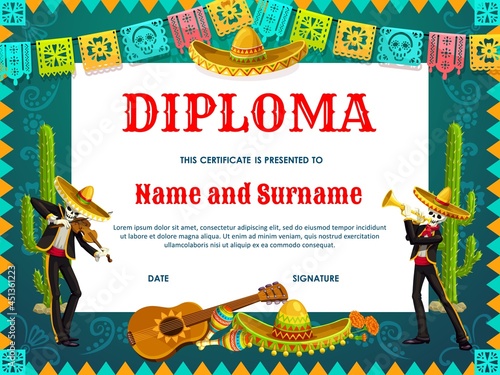 School diploma vector Dia de los Muertos skeletons in sombrero play violin and trumpet. Education certificate with Mexican Day of Dead characters fiesta party celebration, marigold flowers and cacti