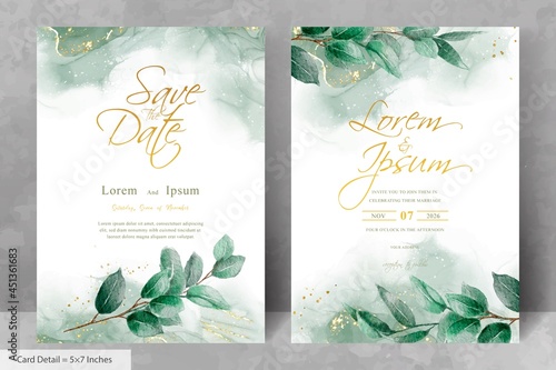 Greenery Wedding invitation with Hand drawn leaves and watercolor splash background