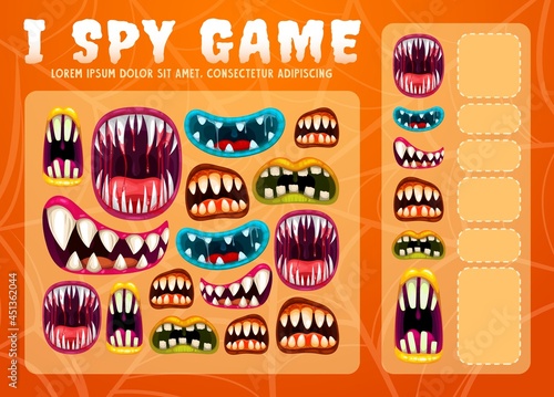 Child I spy game with Halloween monsters teethed maws. Children math activity, educational game or cartoon vector kids exercise with counting task. Scary monsters mouth with fangs in blood and saliva
