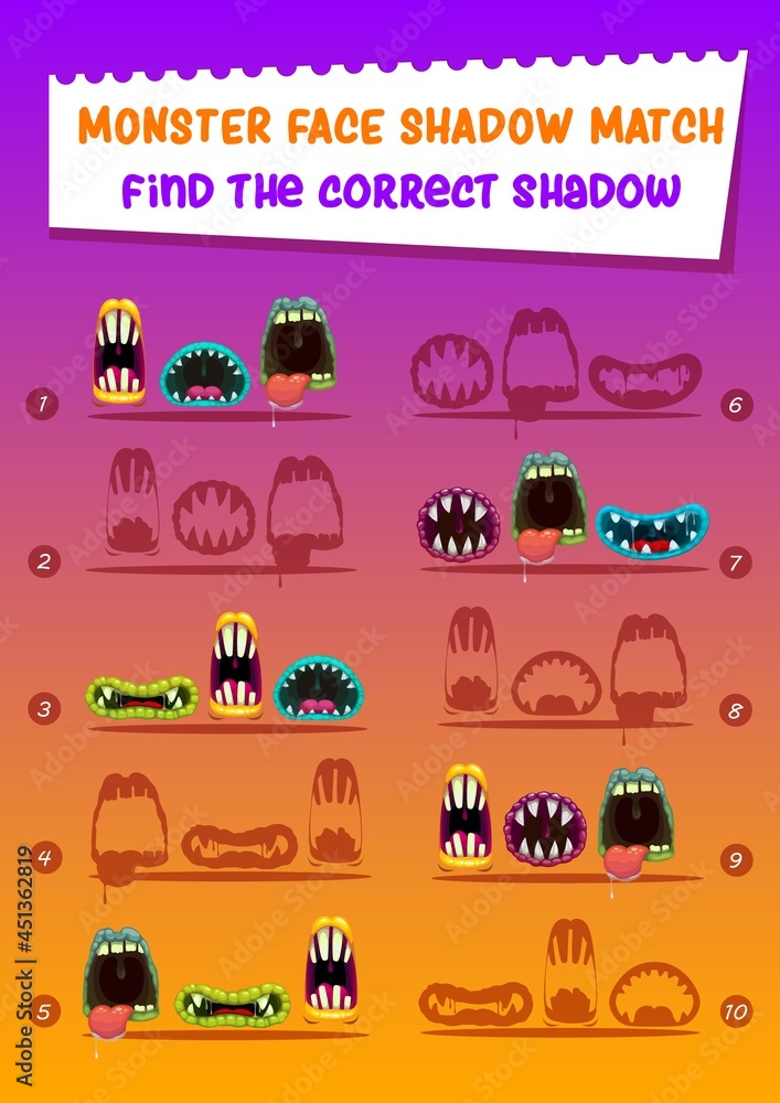 Monster face shadow match kids game with creepy mouths. Find correct shadow cartoon worksheet, riddle for logical mind children development. Preschool education with halloween creepy roar toothy maws