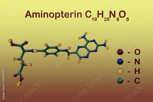 Structural chemical formula and molecular model of aminopterin, a synthetic derivate of pterin with antineoplastic and immunosuppressive properties. 3d illustration photo