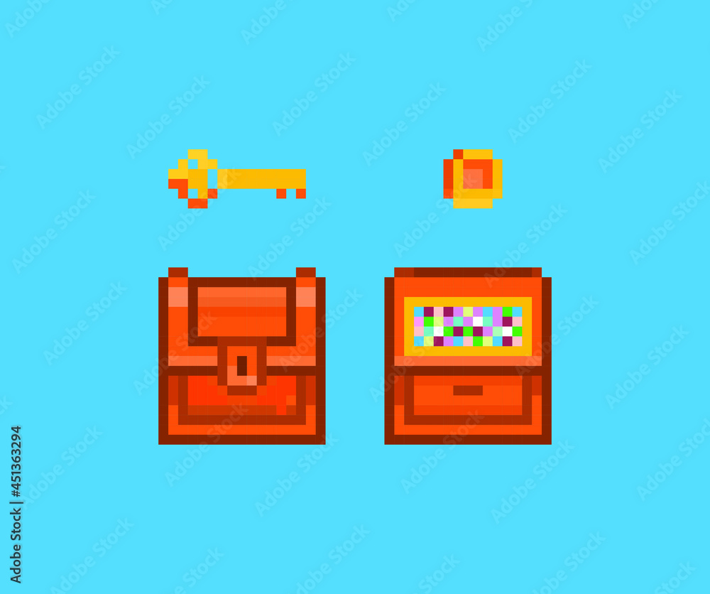 Pixel bright treasure chest, retro game design Pixel bright treasure chest, retro game design