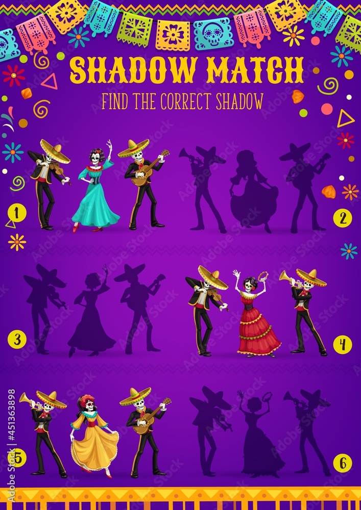 Dia de los Muertos Day skeletons shadow match kids game. Vector matching puzzle, education memory riddle or maze template with Day of the Dead Mexican holiday calavera Catrina and mariachi skulls Dia de los Muertos Day skeletons shadow match kids game. Vector matching puzzle, education memory riddle or maze template with Day of the Dead Mexican holiday calavera Catrina and mariachi skulls