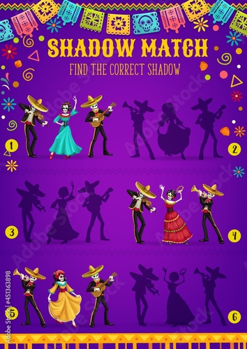 Dia de los Muertos Day skeletons shadow match kids game. Vector matching puzzle, education memory riddle or maze template with Day of the Dead Mexican holiday calavera Catrina and mariachi skulls