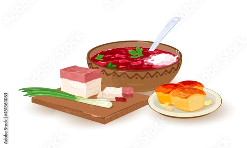 Ukrainian traditional dish, beetroot and cabbage soup with lard slices and bread donuts. Vector fresh spring onion, ethnic dish served on wooden board, dinner idea isolated on white background