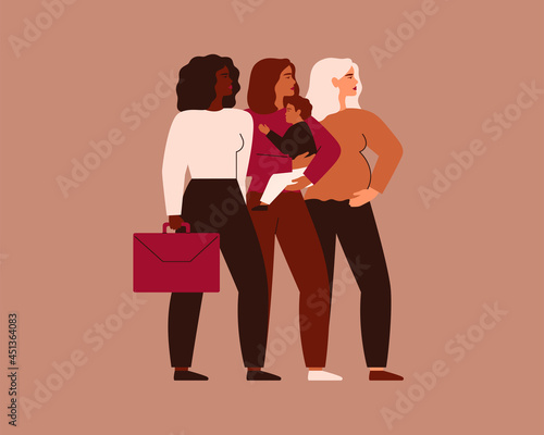 Three women of different ethnicities stand together. Black Businesswoman, Mother with child, Pregnant female support each other. Cooperation and partnership concept. Vector illustration