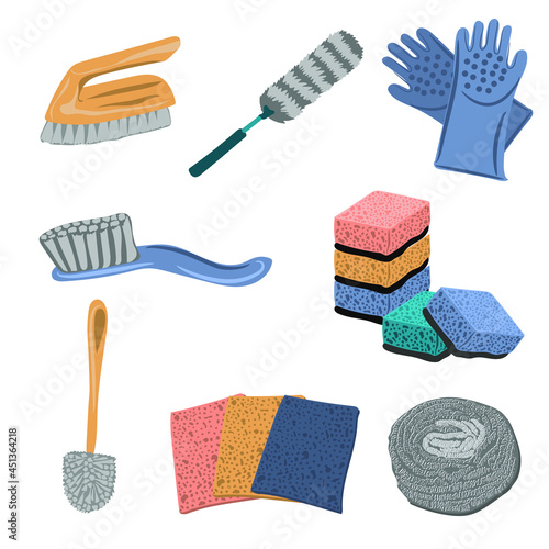 Set of tools for cleaning - brushes, washcloths, toilet brush, rubber cleaning gloves. Household items for cleaning. Vector illustration isolated on white background