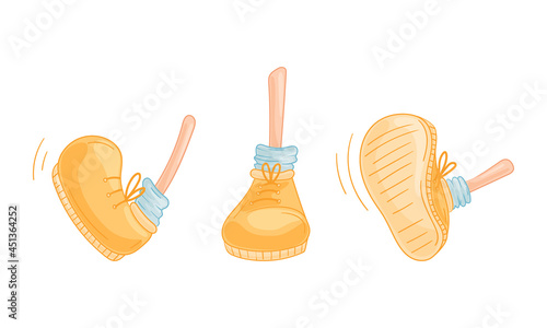Cute comic foot in shoes set. Funny legs in motion cartoon vector illustration